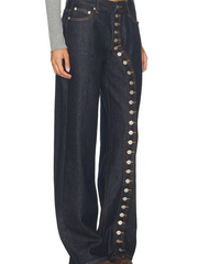 High Waist Wide Leg Denim Button Fly Curved Contrast Stitching Jeans