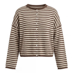 Striped  Crew Neck Open Front Button Down Cardigan