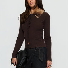 Brown Fur Collared Ribbed Button-Up Top