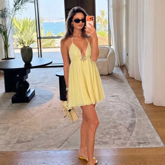 Metal-Embellished Strappy V-Neck A-line Mini Dress
