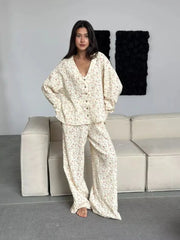 Yellow Printed Long Sleeved Buttoned Shirt And Pants Pajama Set