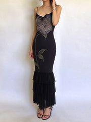 Black Rose Satin Print Spaghetti Strap Tassel Hem Maxi Dress