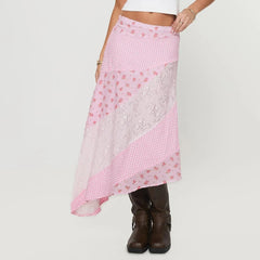 Pink checkered skirt with floral patterns worn by a person 