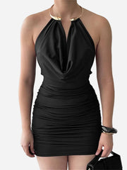 Gold Ring Strap Cowl Neck Mini Dress