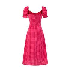 Pink Plaid Puff Sleeve Long Dress