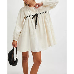 Bow Tie Long Puff Sleeve Embroidered Babydoll Mini Dress