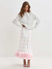 Floral Print Satin Faux Fur Trim Midi Skirt