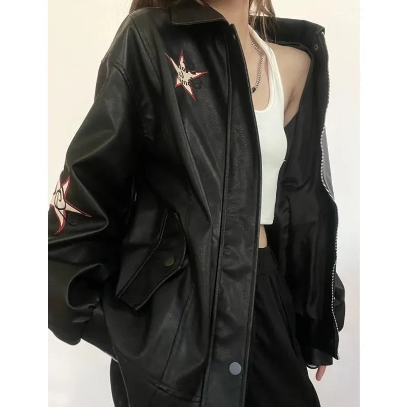 Star Patchwork Pu Leather Jacket