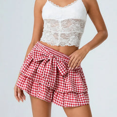 Gingham Layer Bow Tie Elastic High-Waist Mini Skirt