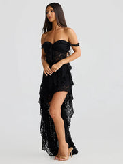 Lace Ruffle Irregular Open Back Midi Dress