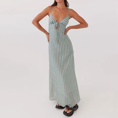 Spaghetti Strap V Neck Tie Front Cutout Cami Maxi Dress