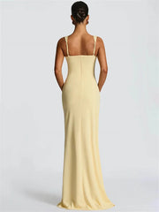 Square Neck Strap Thigh High Split Draped Long Dress