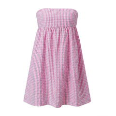Gingham Strapless Babydoll Back Tie Mini Dress