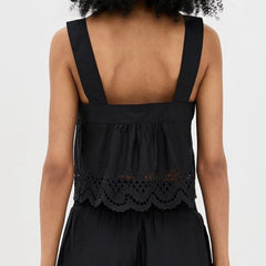 Black Square Neck Lace Embroidery Hem Top
