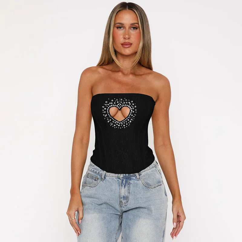 Rhinestone heart cut out corset top.