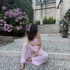 Lace Embroidered Square Neck Sheer Crop Top And Wide Pants Set