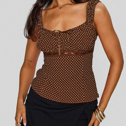 Babydoll Short Sleeve Polka Dot Tie Up Top