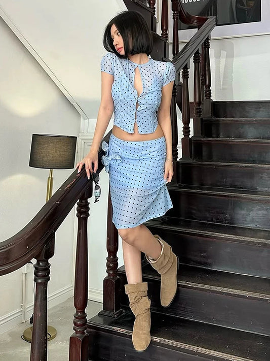 Blue Polka Dot Sheer Short Sleeve Top And Midi Skirt Set