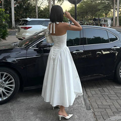 Open Back Halter Deep V-neck White Ankle Length Dress