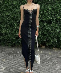 Stitching Lace Up Eyelet Suspender Women's Black Dress