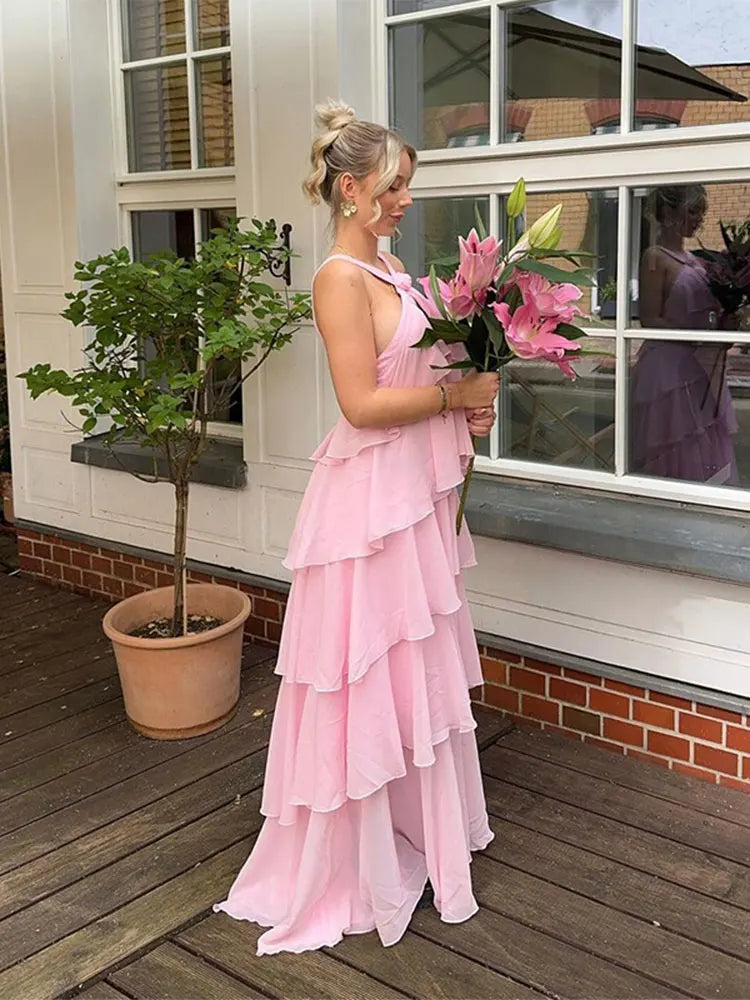 Solid Layered Ruffles Pleated Off Shoulder Sleeveless Long Dress