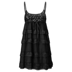 Sequin Bust Spaghetti Strap Tiered Ruffle Babydoll Mini Dress