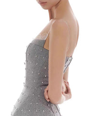 Grey Stripe Sleeveless Rhinestone Mini Dress