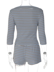 Striped Print 3/4 Sleeve Boat Neck Top and Elastic Waist Shorts Set
