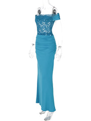 Blue Lace Patchwork Bodycon Long Dress
