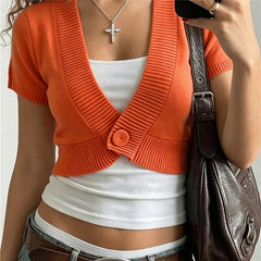 Orange V-Neck Single Button Cropped Knit Top