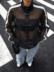 Black Mesh Patchwork Stripe Decoration Jacket