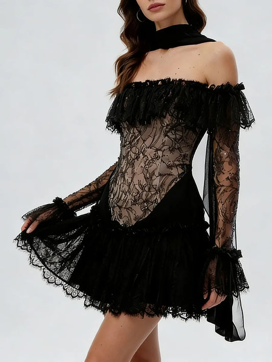 Black Lace  Lapel Neck Long Sleeve Mini Dress
