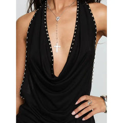 Studded Trim Halter Cowl Neck Top