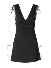 Black V-Neck Tie Shoulder Sleeveless Mini Dress