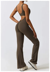 Person wearing a brown sports bra and leggings set - side