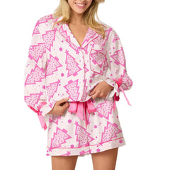 Christmas Satin Button Down Shirt And Pajama Shorts Set