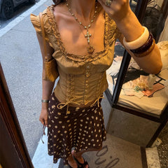 Brown Lace Up Short Sleeve Buttoned Top