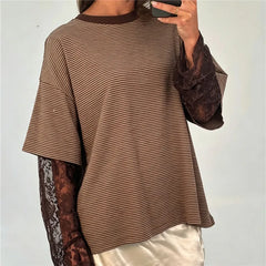Striped Mock Lace Long Sleeve Underlayer T-shirt