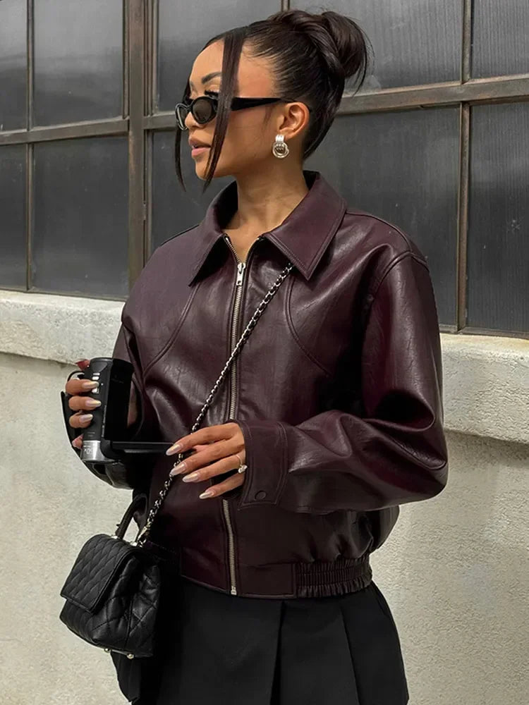 Burgundy Pu Leather Zipper Biker Jacket Free From Label