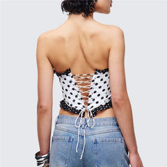 White Polka Dot Strapless Ruffle Edge Corset Crop Top