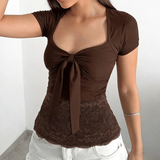 Brown V-neck Tie Up Patchwork Short Sleeve Top