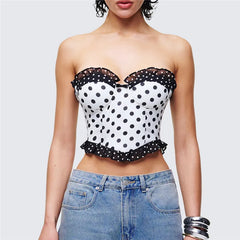 White Polka Dot Strapless Ruffle Edge Corset Crop Top