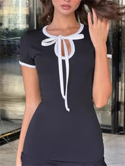 Black Contrast Short Sleeve Hollow Out Mini Dress