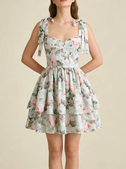 Print Corset Style Bow Strap Tiered Ruffled Mini Dress