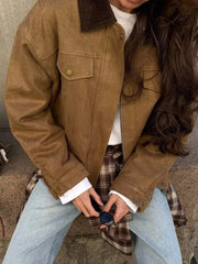 Brown Lapel Ribbed Collar Patchwork Pocket Jacket