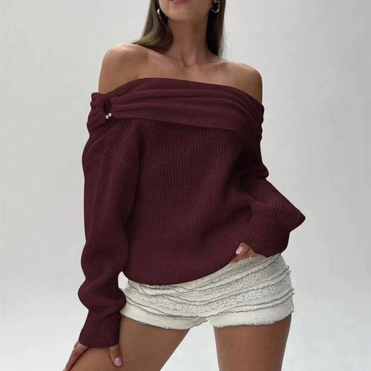 Off The Shoulder Fold Over Long Sleeve Ribbed Sweater