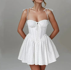 White Hollow out Embroidery Lace Cotton Corset Style Bow Mini Dress