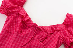 Pink Plaid Puff Sleeve Long Dress