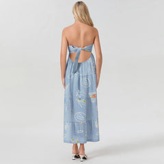 Long Sleeveless Tube Blue Printed Beach Dress