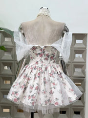 3D Flower Embellished Floral Print Tulle Mini Dress